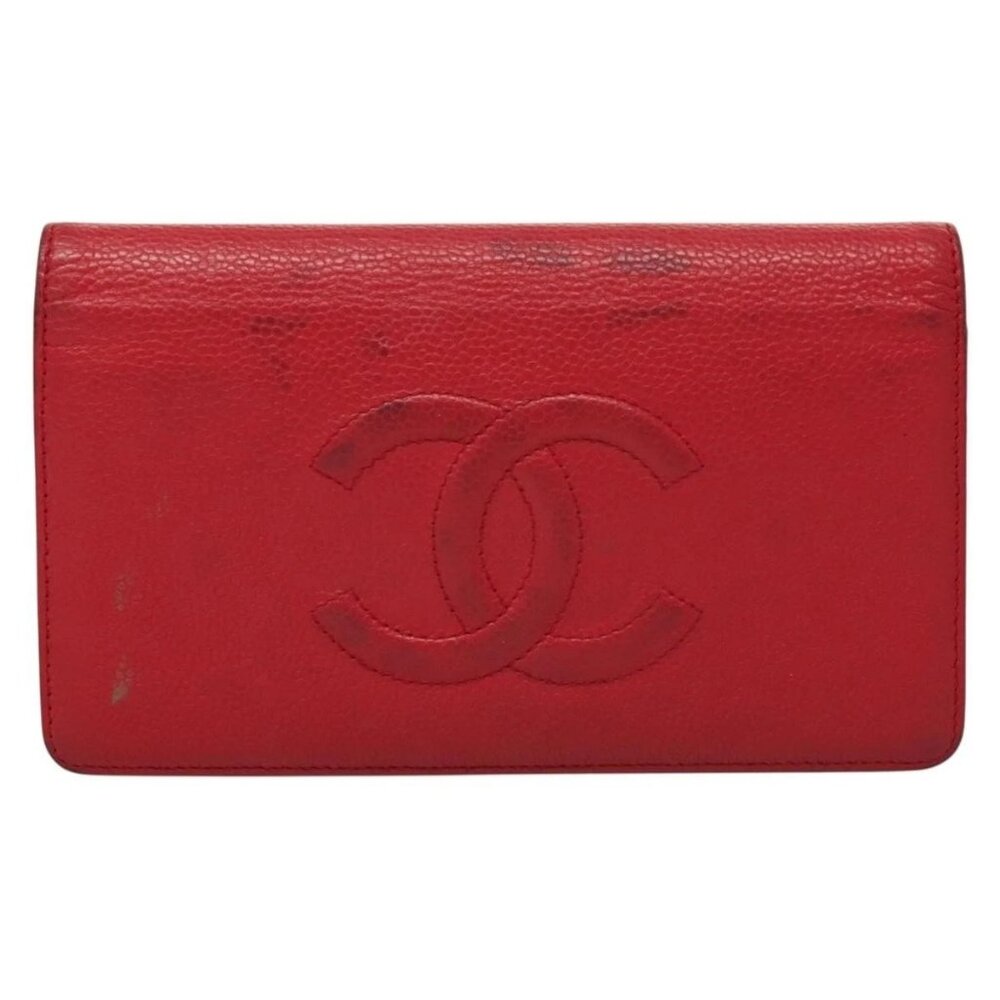 CHANEL Long Wallet Grained Calf Skin Pink CC Auth